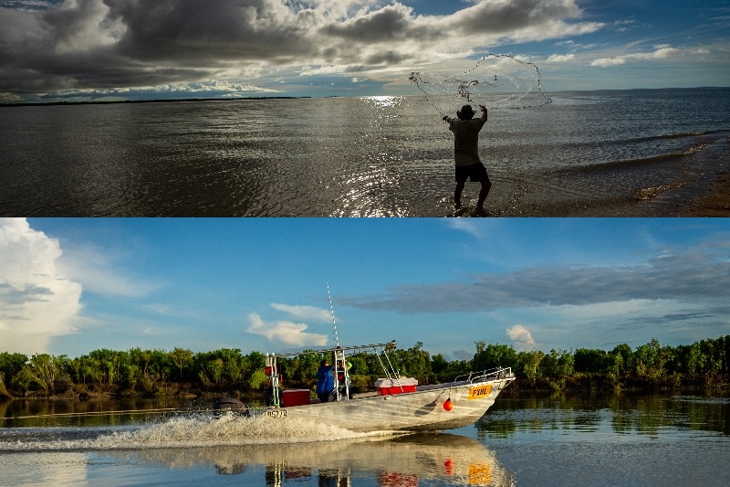 a composite image of two images fishing