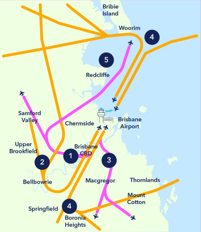 Selected current arrivals (orange flight paths) and departures (pink flight paths).