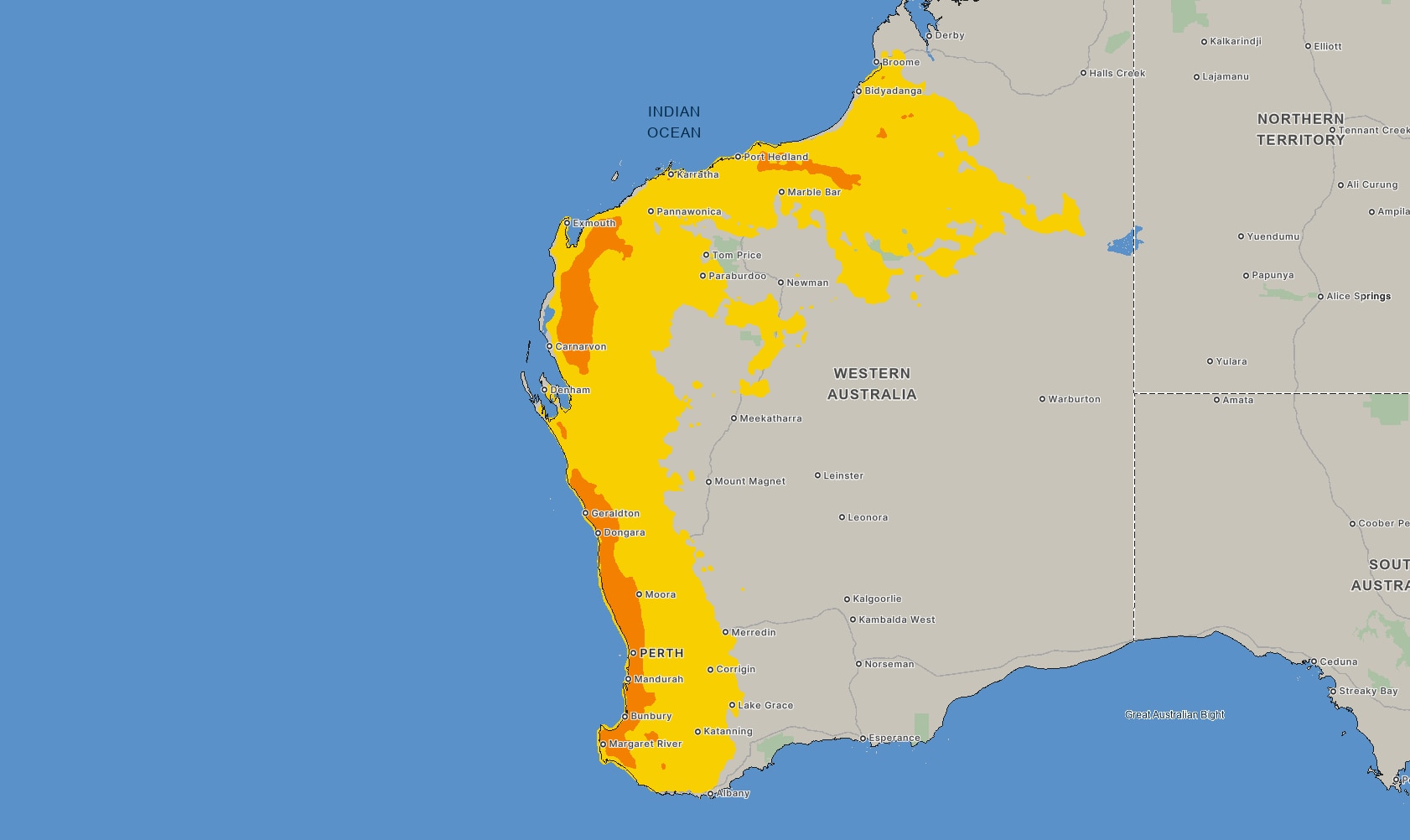 Um mapa mostrando a previsão da onda de calor para WA no dia de Natal.