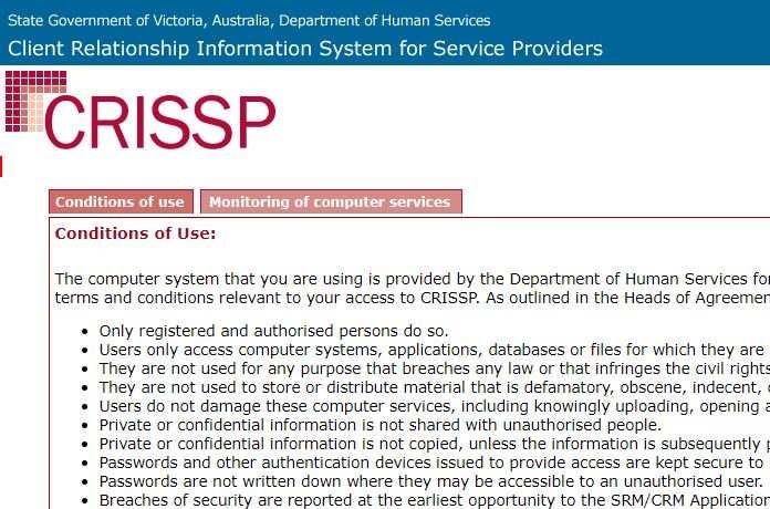 The login screen for the CRISSP database, showing a list of conditions of use.