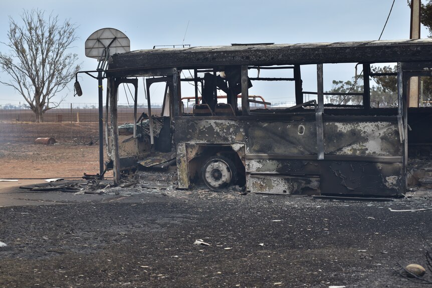 The shell of a burnt out bus at Wasleys after the Pinery bushfire in November 2015.