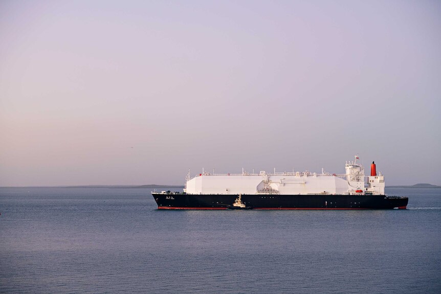 a large LNG ship in a harbour.