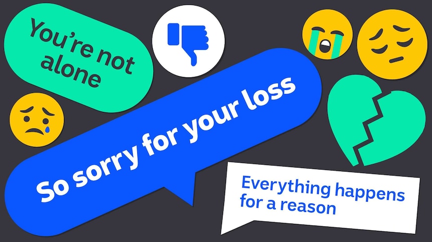Illustration shows various social media comments and emojis for story on sharing heartbreak online