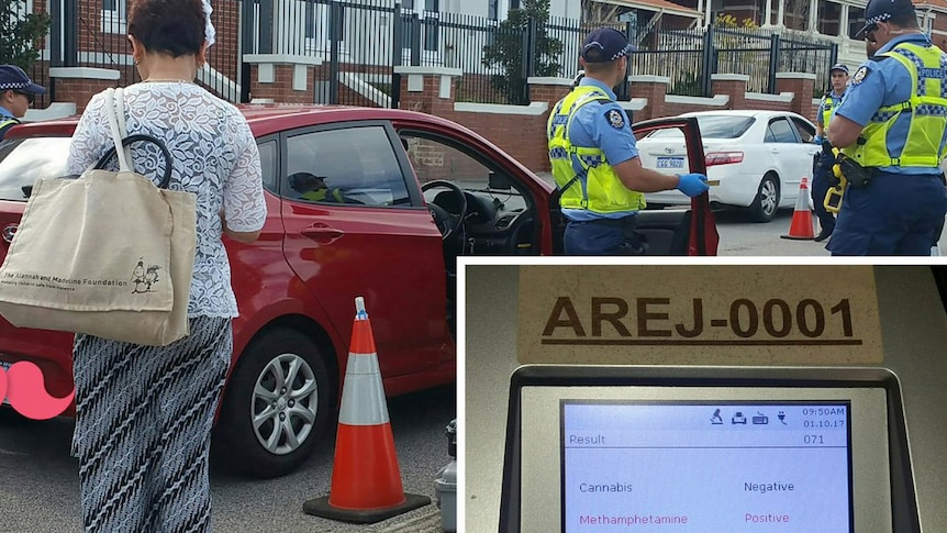 Police stand around an Uber car, the inset shows a positive methamphetamine test.