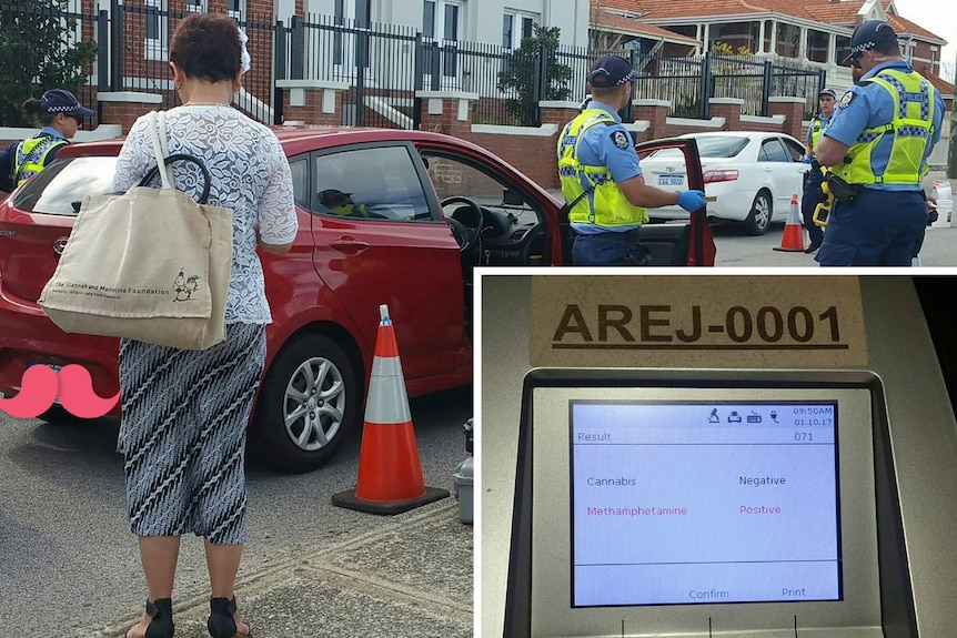Police stand around an Uber car, the inset shows a positive methamphetamine test.