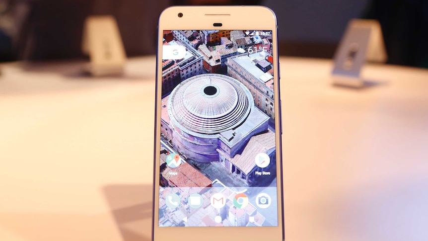 The Google Pixel phone on display