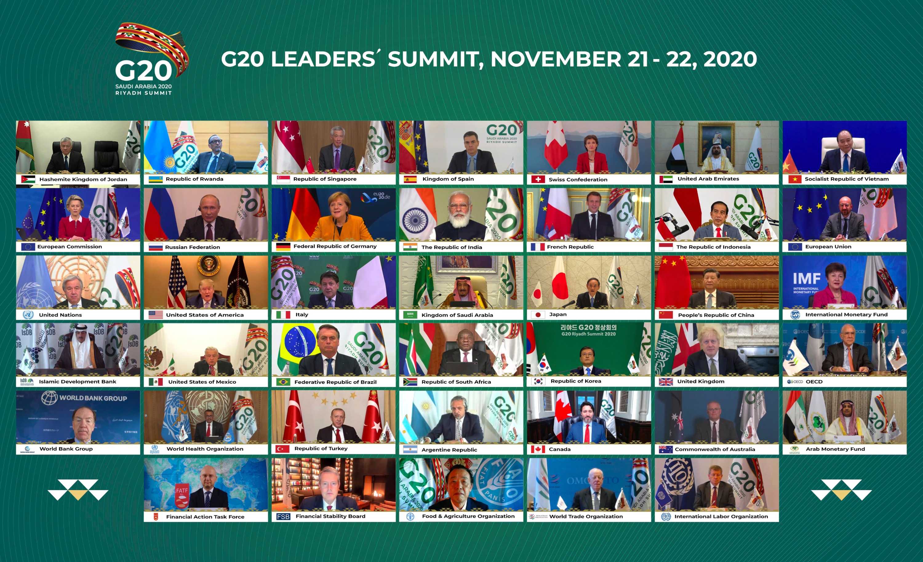 A screen shows some participants of the virtual G20 meeting, hosted by Saudi Arabia.