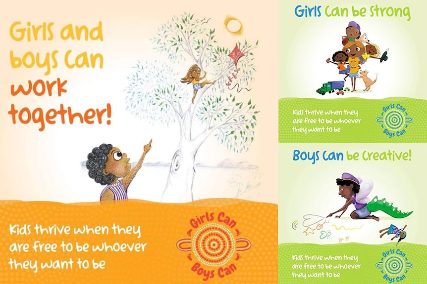 A cartoon poster with indigenous children with Girls Can Boys Can messages