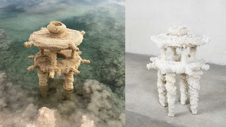 A composite of two images: a stool-like structure made from luffa, in shallow water; a salt-encrusted version of the object.