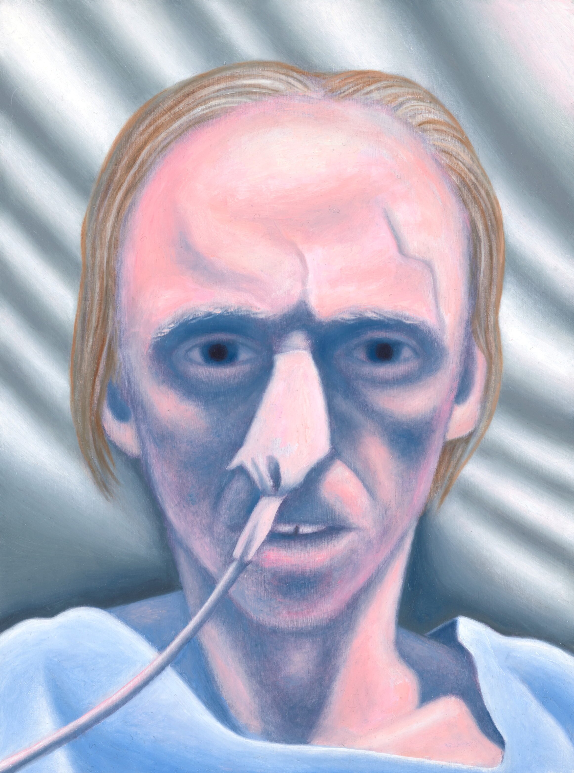 A painting of Chris O'Doherty, a balding middle-aged man, in a hospital gown, with a tube in his nose. 