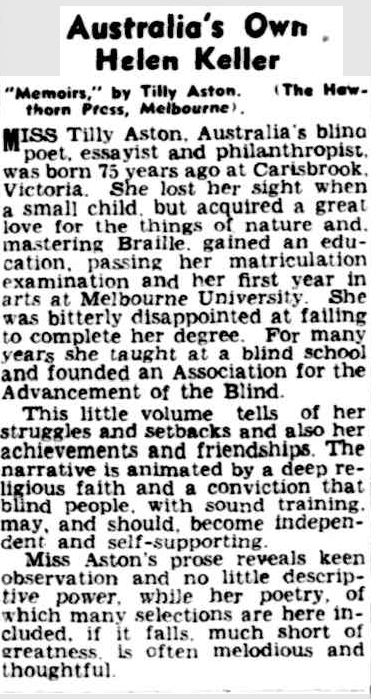 A newspaper clipping comparing Australian Tilly Aston to America's Helen Keller.