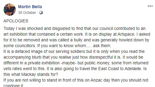 Facebook post by councillor Martin Bella, he says he was "shocked and disgusted" to find the artwork in a council gallery