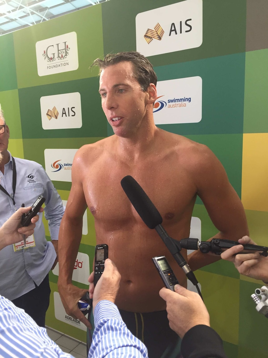 Grant Hackett speaks to media at the Australian Swimming Championships in Adelaide on April 7, 2016.