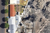 Composite image showing aerial photos of Yarloop properties before and after devastating bushfires.