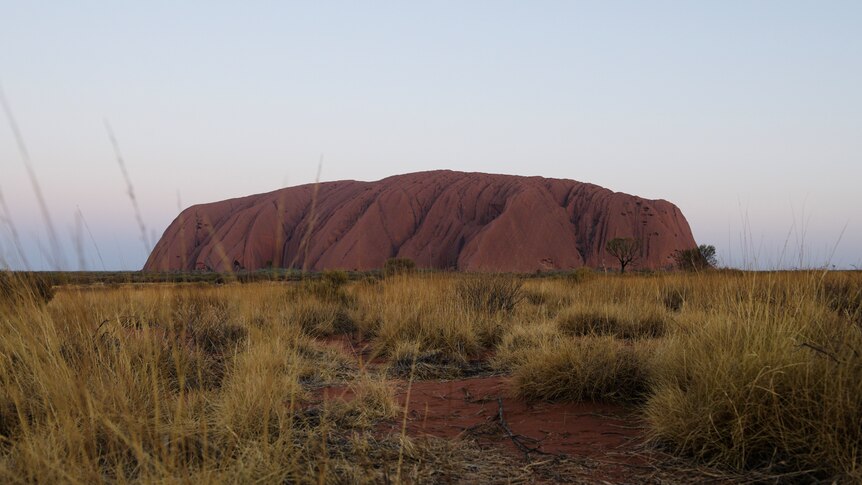 Uluru is photographed in the middle of the Red Centre. A bright sky is in the background, and lush greenery in the front.