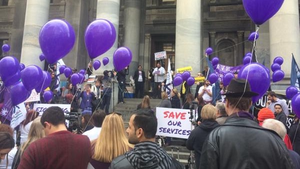 Community service sector rally on the steps of South Australian parliament on June 30, 2015. About 400 jobs will be cut in SA.