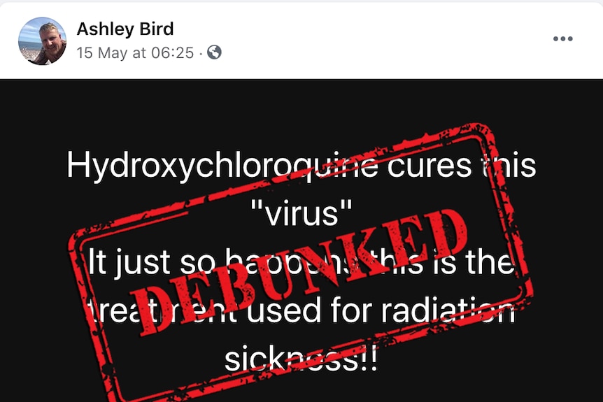 Facebook post claiming hydroxychloroquine cures COVID-19 and is used for radiation therapy with a large debunked stamp overlayed