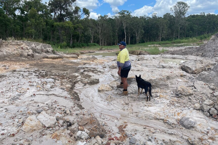 Man and dog stand in bottom of empty dam 
