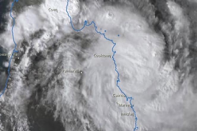 A satellite image of Cyclone Jasper still crossing the coast