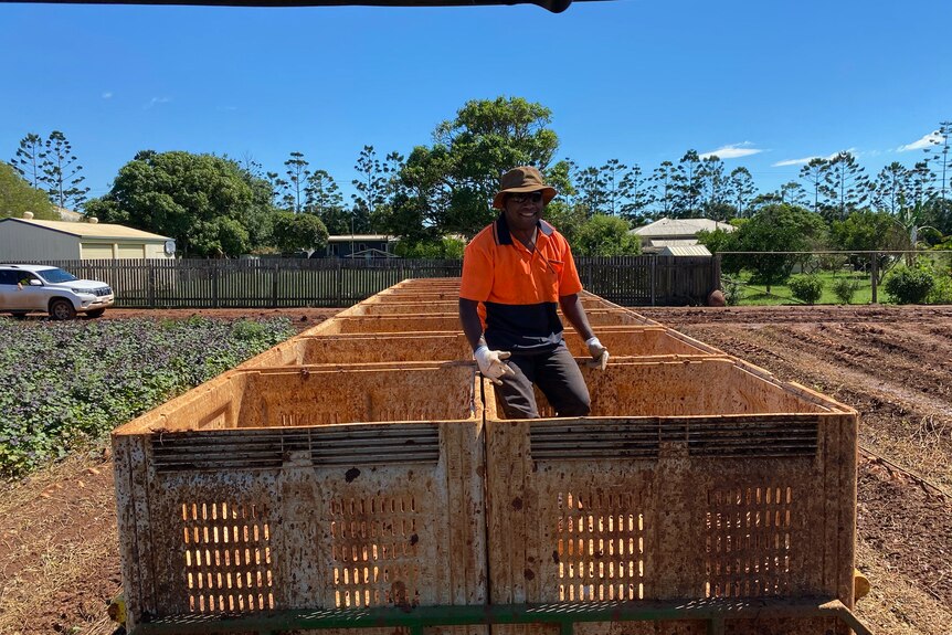 A man in high-vis works in some large crates on a farm.