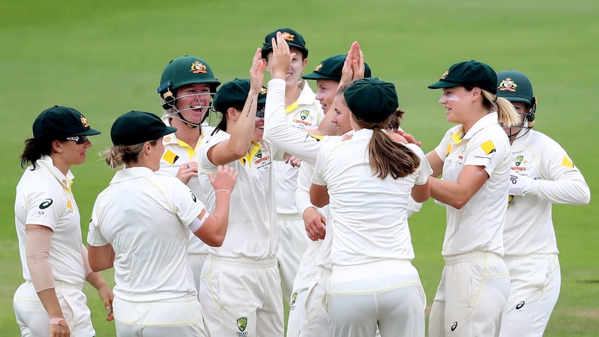 Australia's players high five and smile to celebrate taking a wicket.