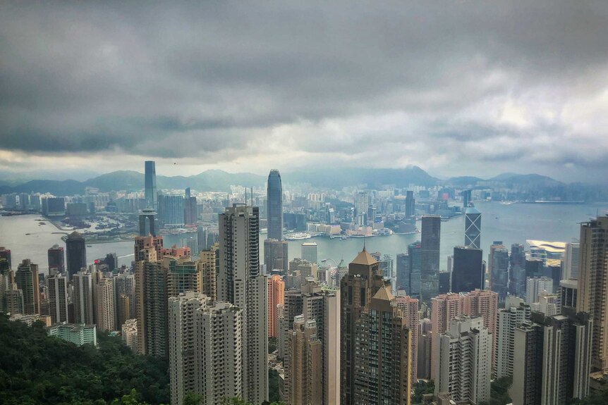 Skyscrapers dominate the landscape in a photo taken from above Hong Kong