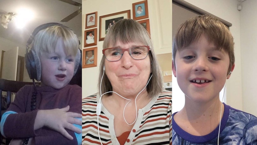 Video still images of an emotional Glenys in the middle, and her two grandsons singing on either side