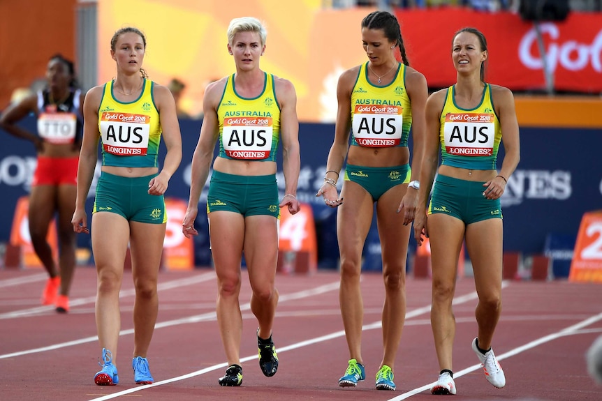 Australia's Women's 4 x 100m Relay team react after being disqualified in the Final.