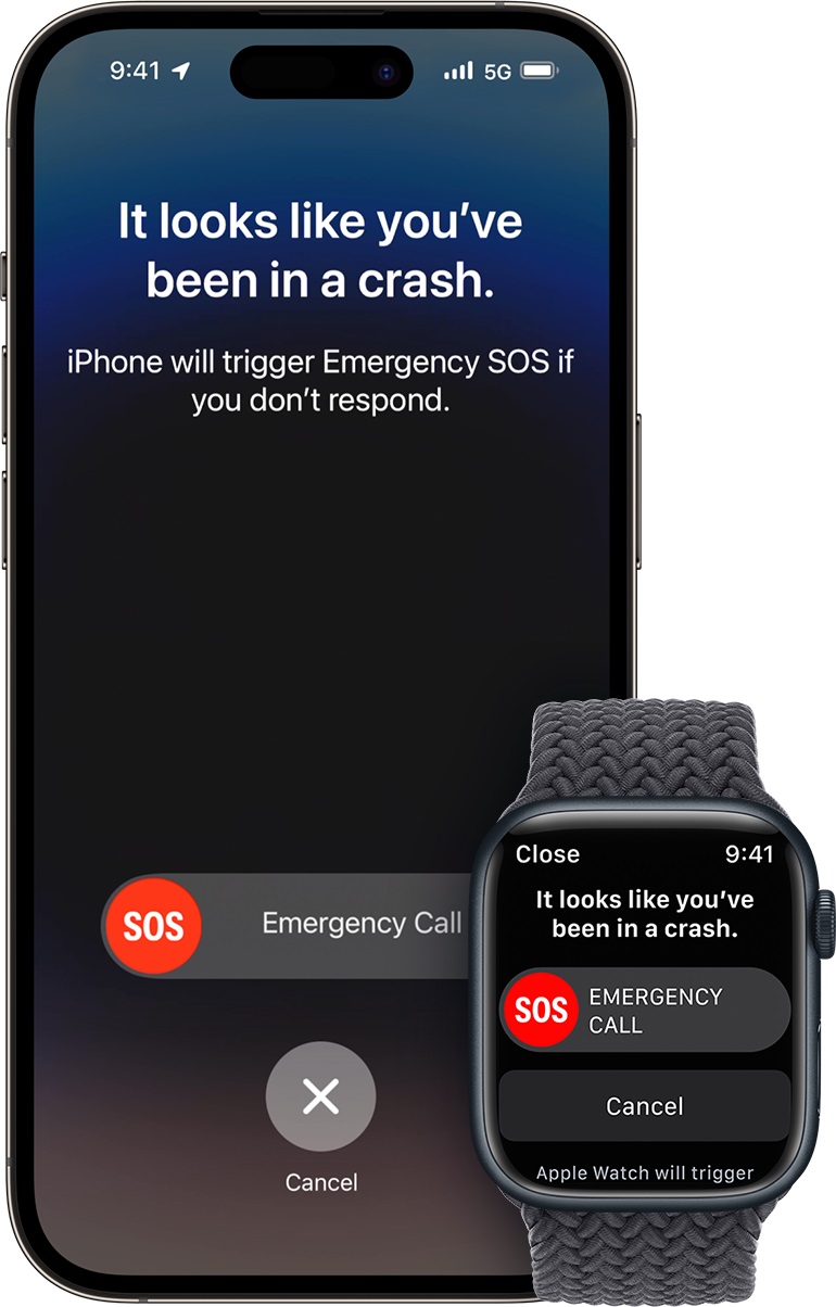 Text on an iPhone screen reads: It looks like you've been in a crash. iPhone will trigger Emergency SOS if you don't respond.