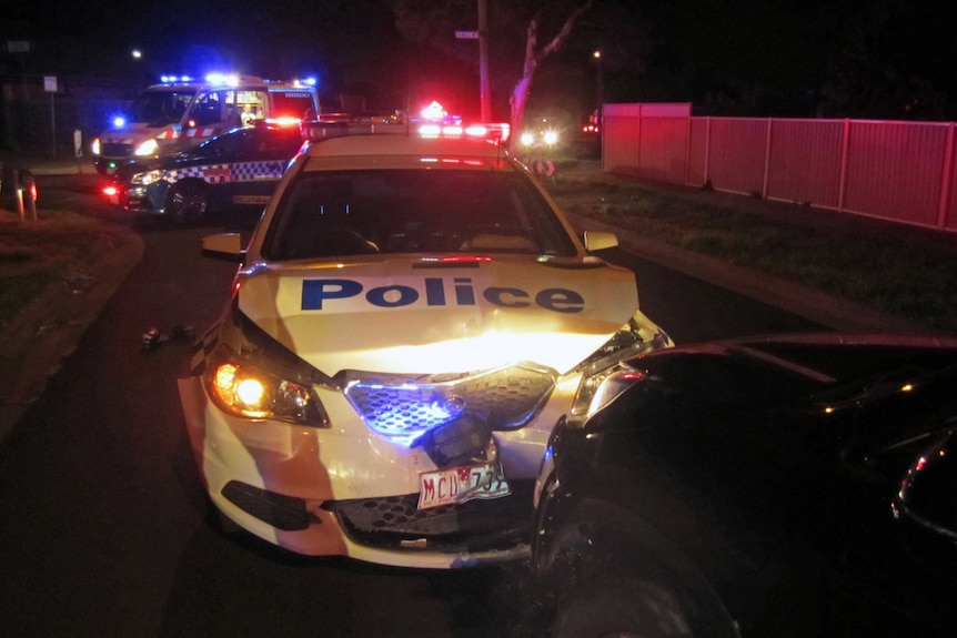 A Victoria Police divisional van after it was rammed head-on in Lalor.