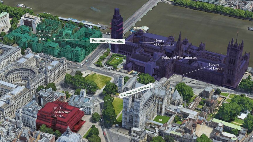 A satellite diagram shows the Palace of Westminster and adjacent buildings in central London.
