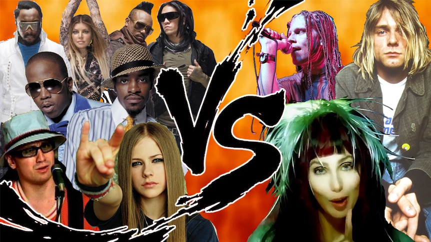 A collage of Outkast, Black Eyed Peas, Wheatus, Avril Lavigne vs The Offspring, Kurt Cobain, Cher