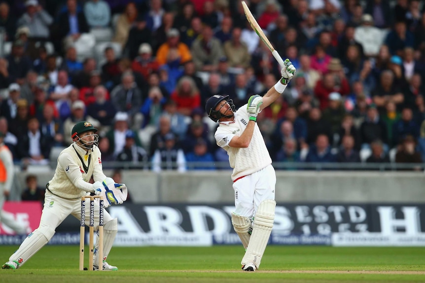 Ian Bell skies a Nathan Lyon delivery to be caught on day one at Edgbaston.