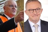 Morrison (left) points and talks, Albanese (right) gives a tight-lipped smile