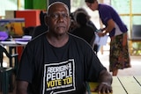 'Ted' Marrawili Gondarra wearing an Aboriginal People Vote Too shirt