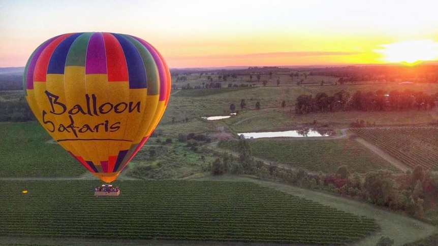 A hot air balloon above green fields.