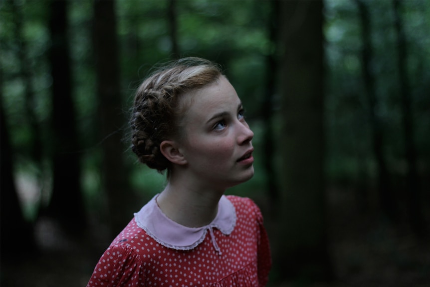 Outdoor woodland scene with young girl with blonde braided hair and red top looking upwards.