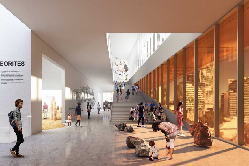 Artist's impression of people inside the new WA Museum looking out windows towards the Perth CBD.