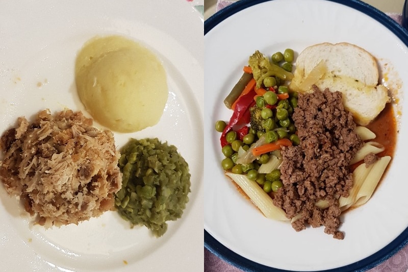 A meal featuring a lump of mashed potato, a lump of green mush, and a lump of what appears to be shredded meat.