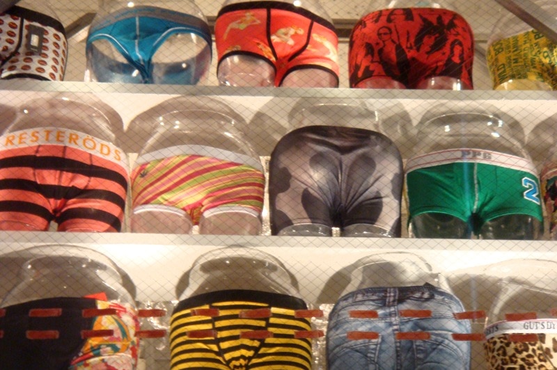 Men's underwear on display at a train station in Japan.