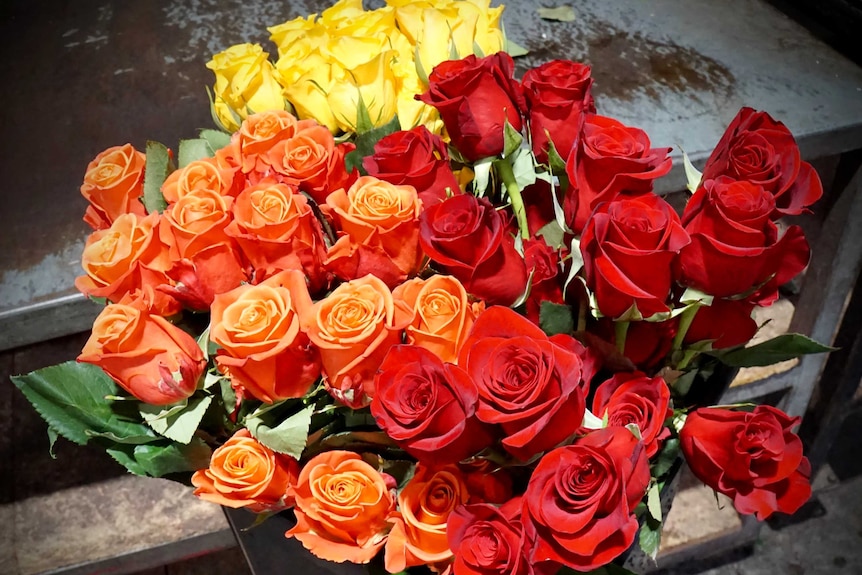 a bucked of orange, yellow and red roses from Ecuador, imported into Australia.