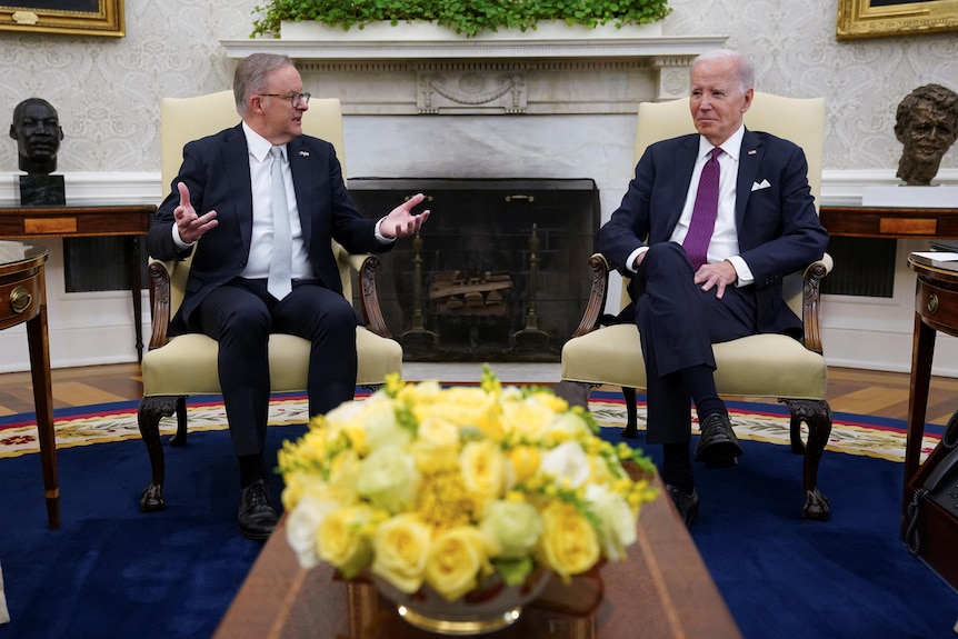 Anthony Albanese sits with Joe Biden in the White House 