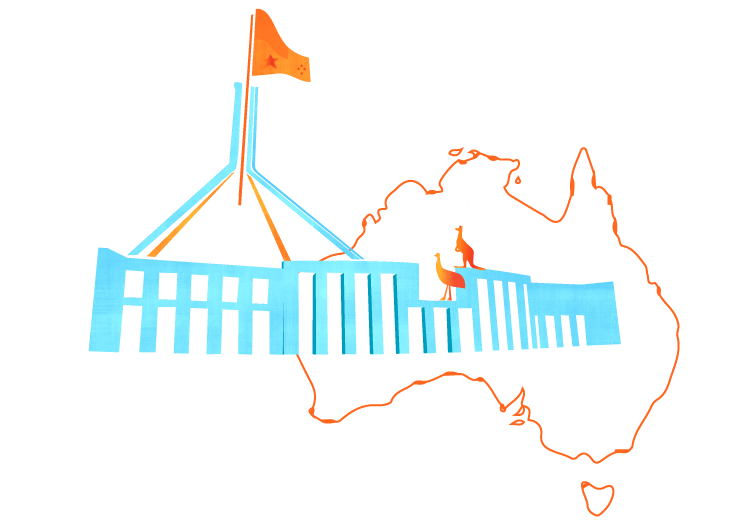 Illustration of Parliament House and the outline of Australia.