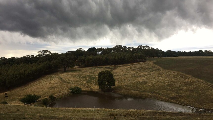 Cloudy skies hang over a dam on a rolling hill.
