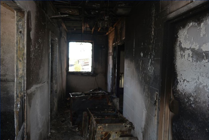 A fire damaged hallway.