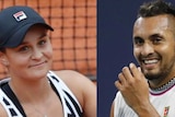 A composite of two photos. Ash Barty smiles in the left photo and Nick Kyrgios grins in the right picture.
