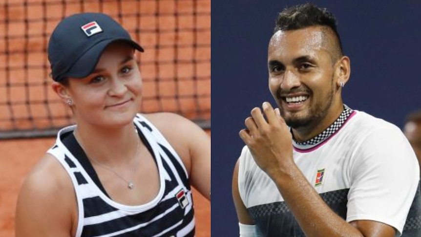 A composite of two photos. Ash Barty smiles in the left photo and Nick Kyrgios grins in the right picture.