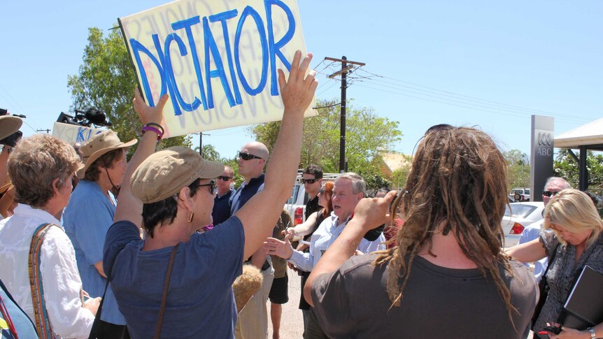 Premier Colin Barnett faces anti-gas protesters in the Kimberley.