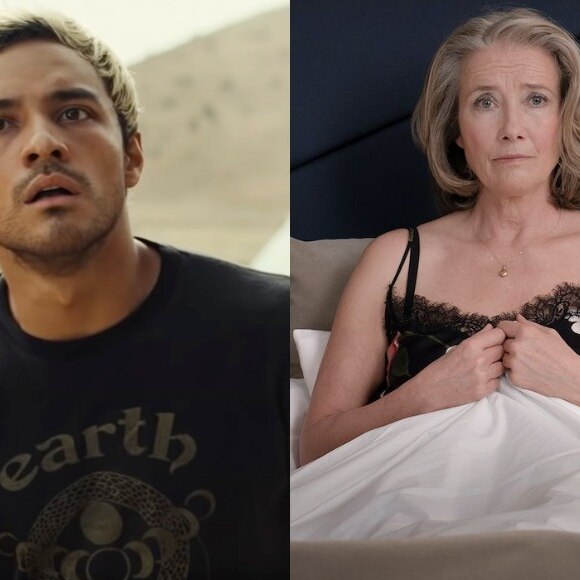 Brandon Perea looking up in film Nope, Emma Thompson in bed for film Good Luck to You, Leo Grande