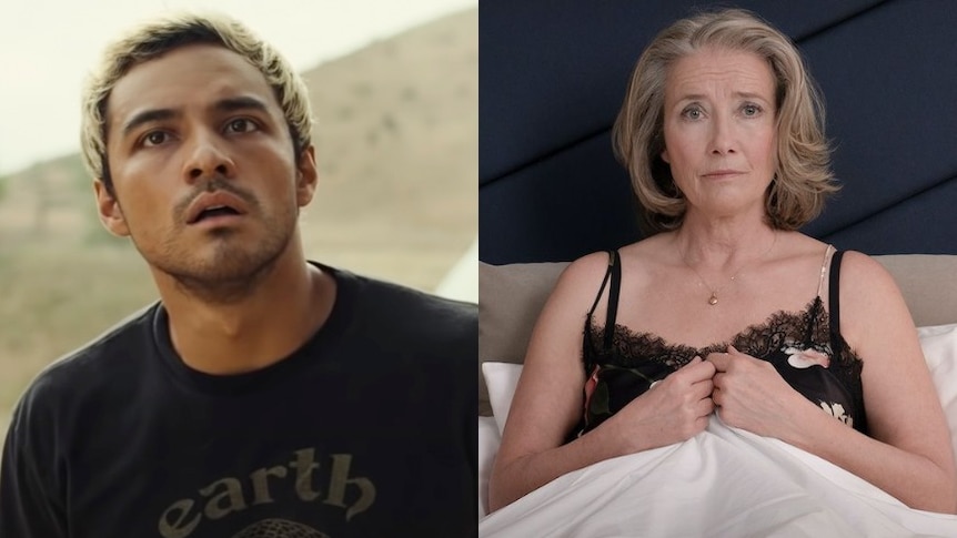 Brandon Perea looking up in film Nope, Emma Thompson in bed for film Good Luck to You, Leo Grande